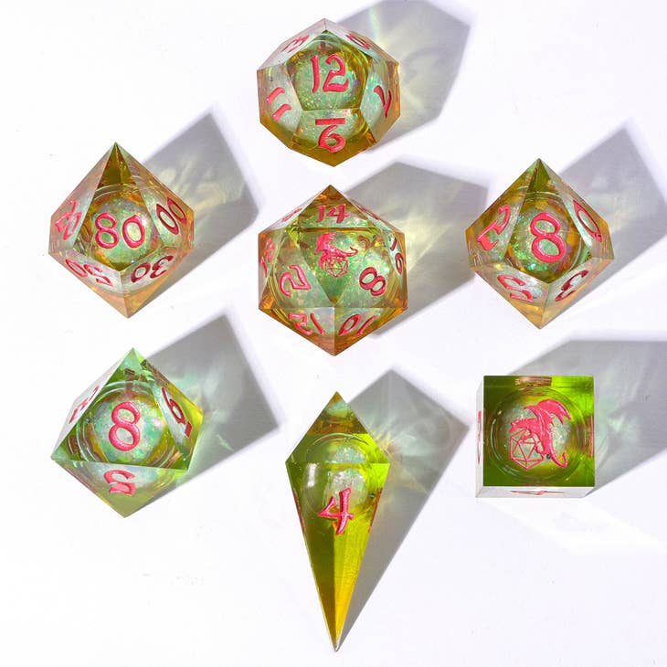 Dice Hymgho Poly 7 Set: Captured Magic Liquid Core Hand Sanded Sharp Edge Resin
