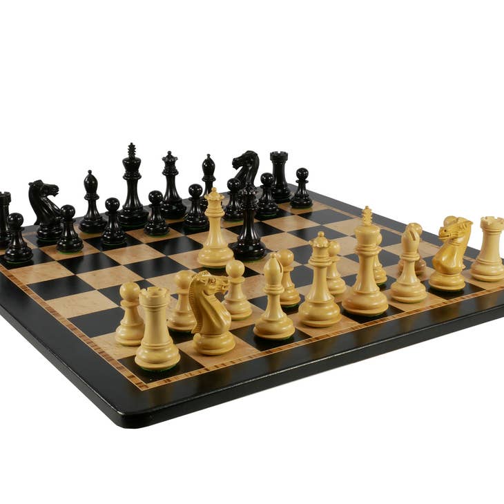 Chess Set Worldwise: Black/Boxwood 4in pieces on Walnut/Birdseye Maple Board