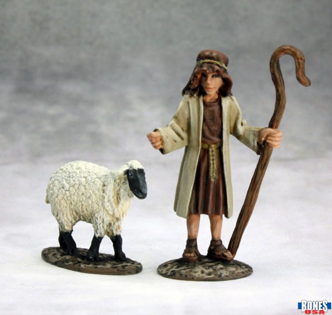 Mini Reaper Bones Legends: Shepherd and Sheep Nativity Townsfolk