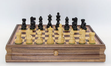 Chess Set Worldwise: 3in Black French Knight Chessmen on Walnut/Maple Chest