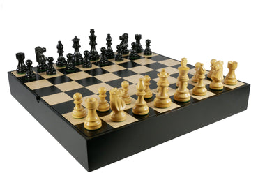 Chess Set Worldwise: 3.5 in Black French Chessmen on Black/Maple Chest