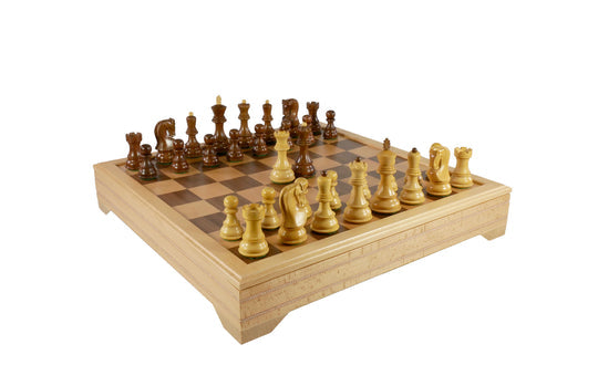 Chess Set Worldwise: 3.75" Sheesham/Boxwood Opposite Tops Chessmen on 18" Beechwood Chest