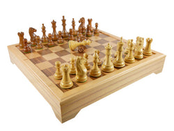 Chess Set Worldwise: 4in Majestic Acacia/Boxwood Chess Pieces on Inlaid Beechwood Chest