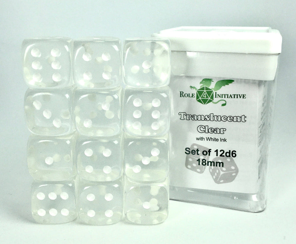 Dice Role 4 Intitiative: d6 Cube 18mm Translucent Clear with pips (12)