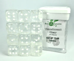 Dice Role 4 Intitiative: d6 Cube 18mm Translucent Clear with pips (12)