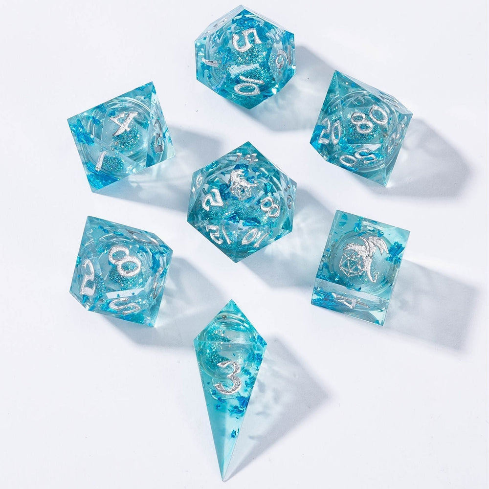 Dice Hymgho Poly 7 Set: Captured Magic Liquid Core Hand Sanded Sharp Edge Resin