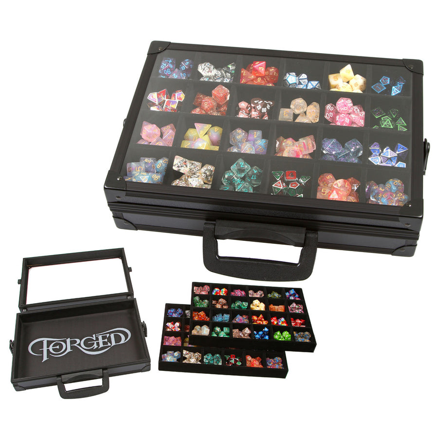 Dice Accessory Forged: Dice Display Case and Rolling Tray with 2 Removable Divided Dice Trays - Storage Box Holds up to 480 Metal or Plastic Polyhedral Dice Sets