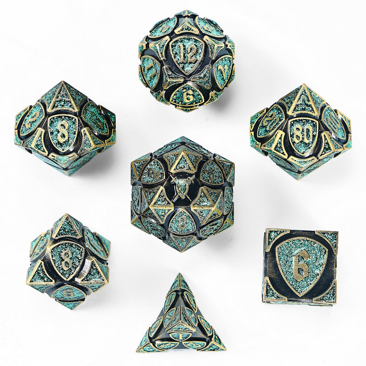 Dice Hymgho Poly 7 Set: Fighter Solid Metal: Ancient Bronze with Green Glitter