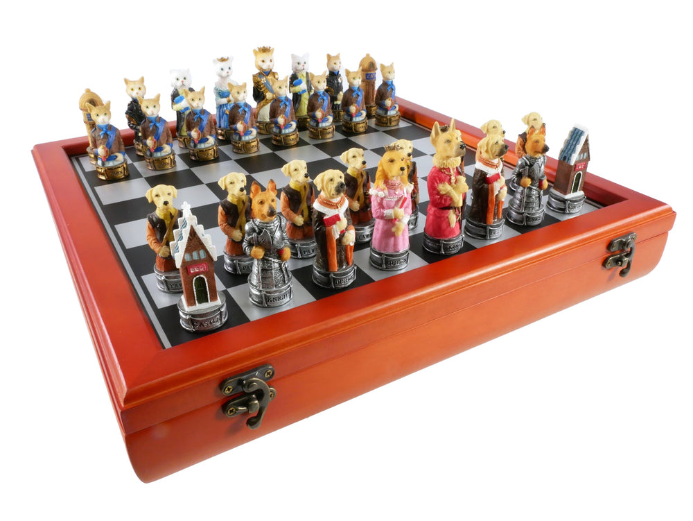 Chess Set Worldwise: Cats & Dogs Resin Men on Cherry Stained Chest