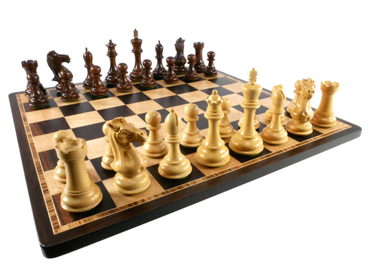 Chess Set 4" Exclusive Ajanwood and Natural Boxwood Pieces on Ebony and Birdseye board.