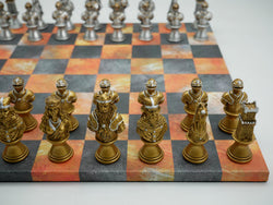 Chess Set Worldwise: Painted Resin Camelot Metal Busts Pieces on Fire & Dusky Black Faux Leatherette Chess Board
