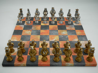 Chess Set Worldwise: Painted Resin Camelot Metal Busts Pieces on Fire & Dusky Black Faux Leatherette Chess Board