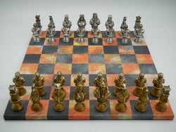 Chess Set Worldwise: Painted Resin Camelot Metal Busts Pieces on Fire & Dusky Black Faux Leatherette Chess Board