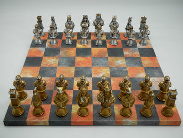 Chess Set Worldwise: Painted Resin Camelot Metal Busts Pieces on Fire & Dusky Black Faux Leatherette Chess Board