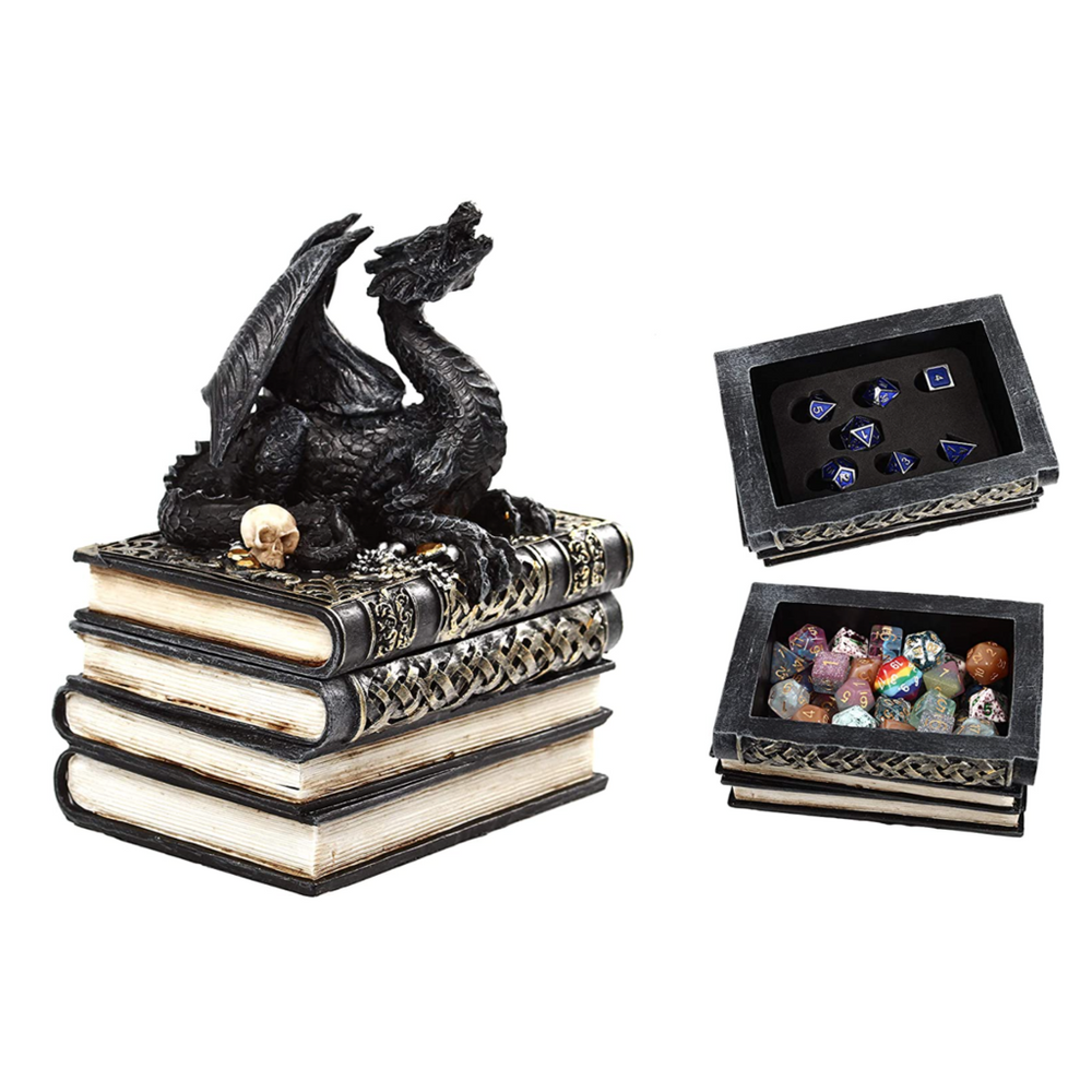 Dice Box Forged: Dragon on a Pedestal of Books