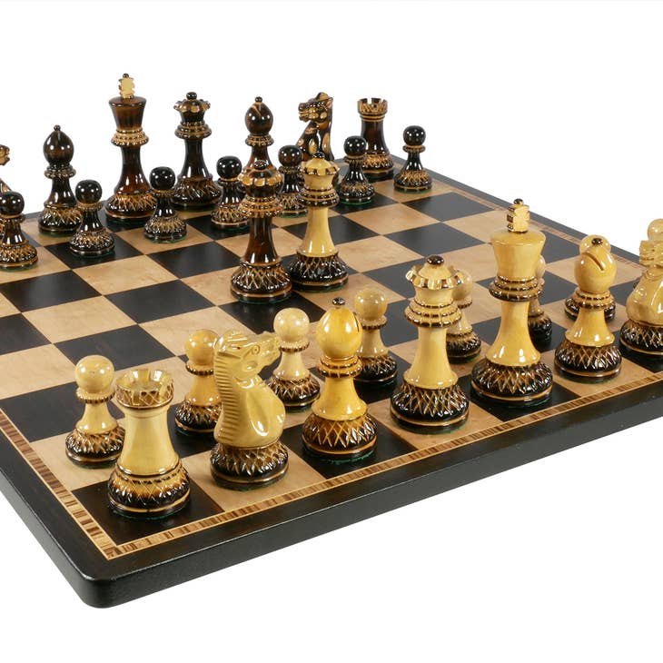Chess Set Worldwise: Burnt Parker 3.75 inch pieces on Ebony/Birdseye Maple Bd