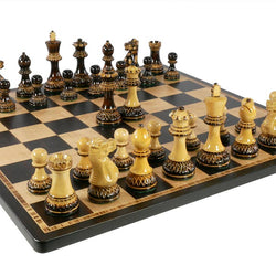 Chess Set Worldwise: Burnt Parker 3.75 inch pieces on Ebony/Birdseye Maple Bd