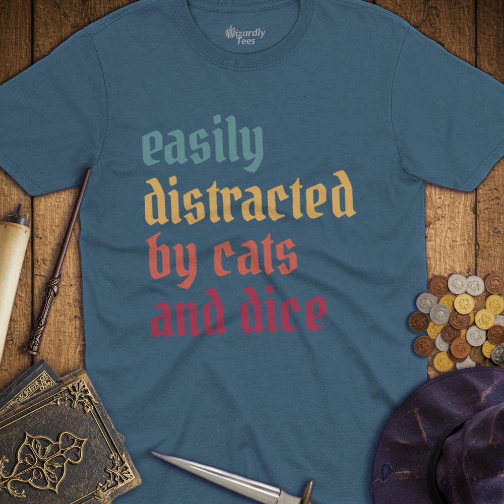 T-Shirt Wizardly: Easily Distracted by Cats and Dice Retro