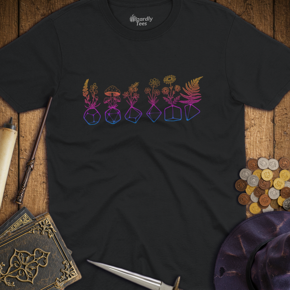 T-Shirt Wizardly: Flowers & Dice Rainbow