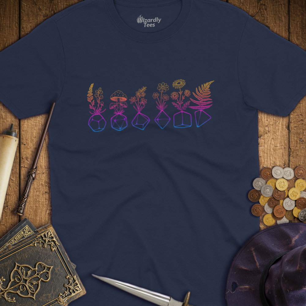 T-Shirt Wizardly: Flowers & Dice Rainbow