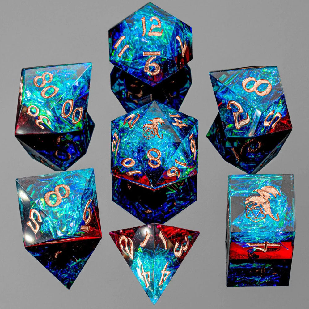 Dice Hymgho Poly 7 Set: Captured Magic Hand Sanded Sharp Edge Resin