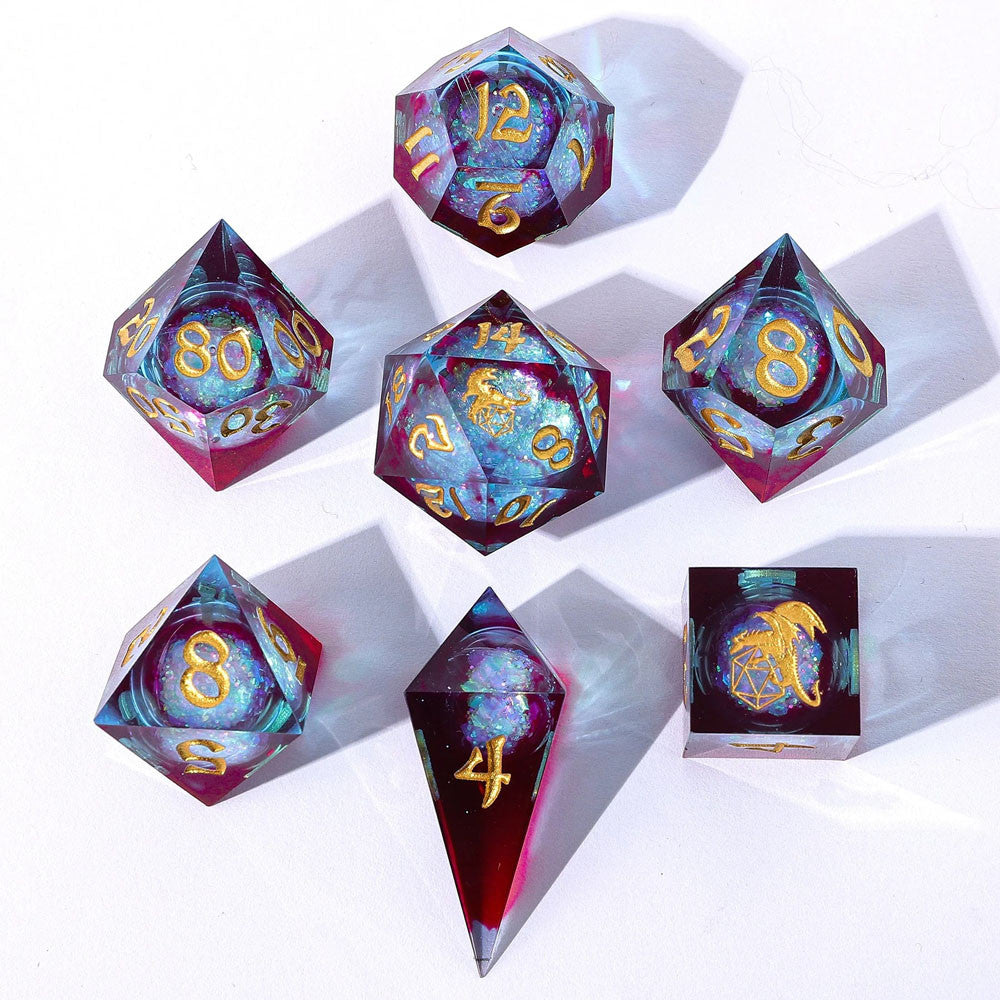 Dice Hymgho Poly 7 Set: Captured Magic Liquid Core Hand Sanded Sharp Edge Resin