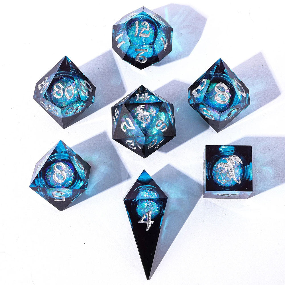 Dice Hymgho Poly 7 Set: Captured Magic Liquid Core Hand Sanded Sharp Edge Resin