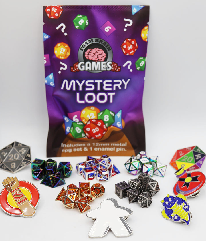 Dice Foam Brain Games: Epic Mystery Loot: Mini Metal RPG Set + Enamel Pin