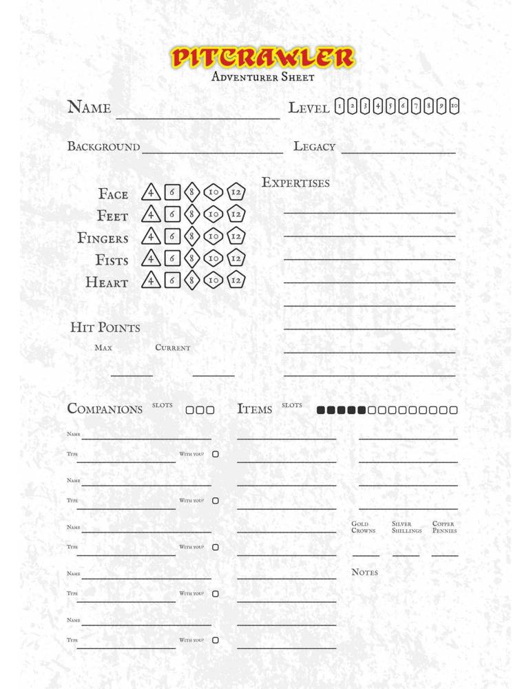 Pitcrawler: Character Sheet Pad