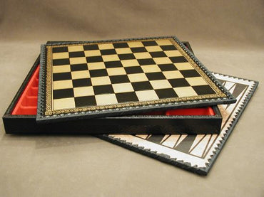 Chess Board 14'' Black & Gold Pressed Leather Chest