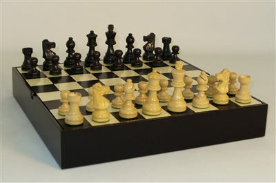 Chess Set 3in Black French Style pieces with board on storage chest
