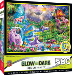 Puzzle Masterpieces:  500 Piece Hidden Images Glow In The Dark - Unicorns Retreat