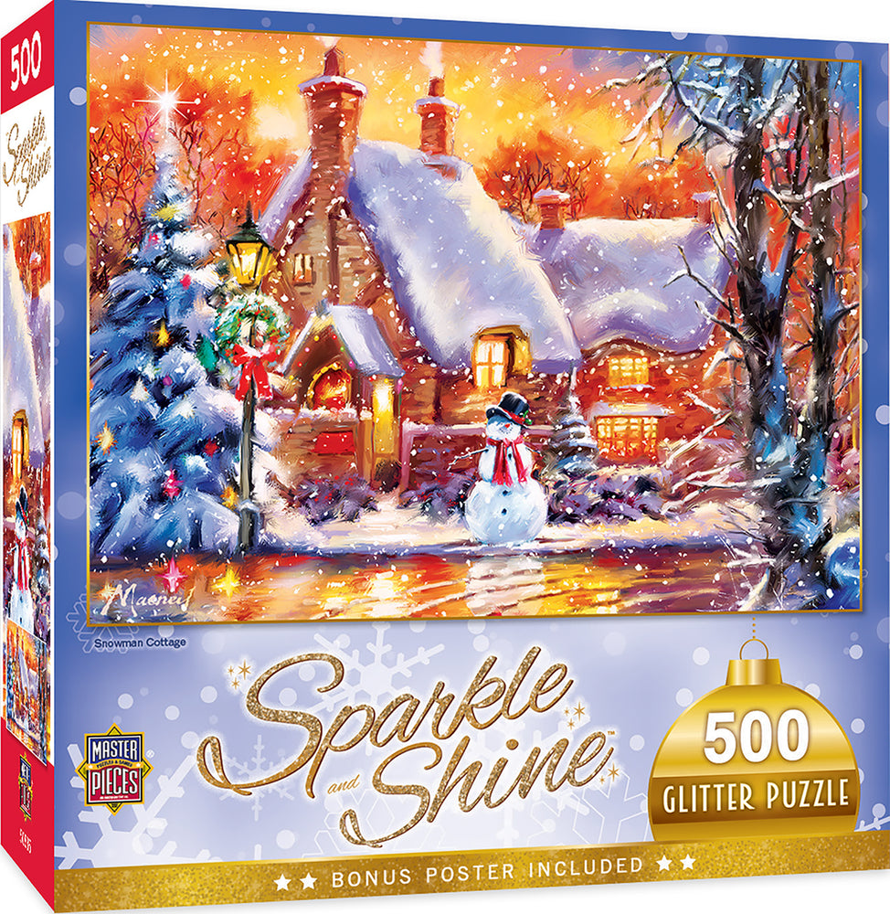 Puzzle Masterpieces:  500 Piece Glitter Holiday - Snowman Cottage