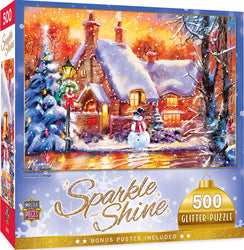 Puzzle Masterpieces:  500 Piece Glitter Holiday - Snowman Cottage