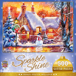Puzzle Masterpieces:  500 Piece Glitter Holiday - Snowman Cottage