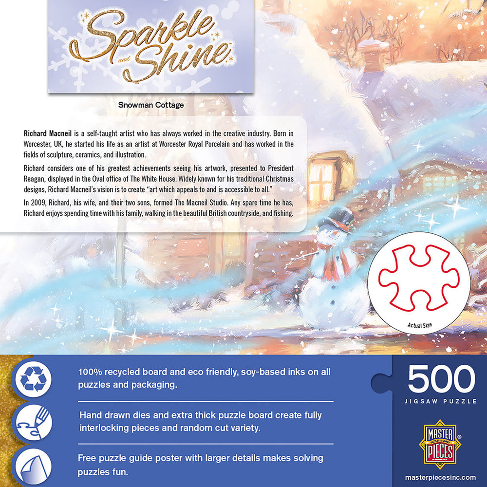 Puzzle Masterpieces:  500 Piece Glitter Holiday - Snowman Cottage