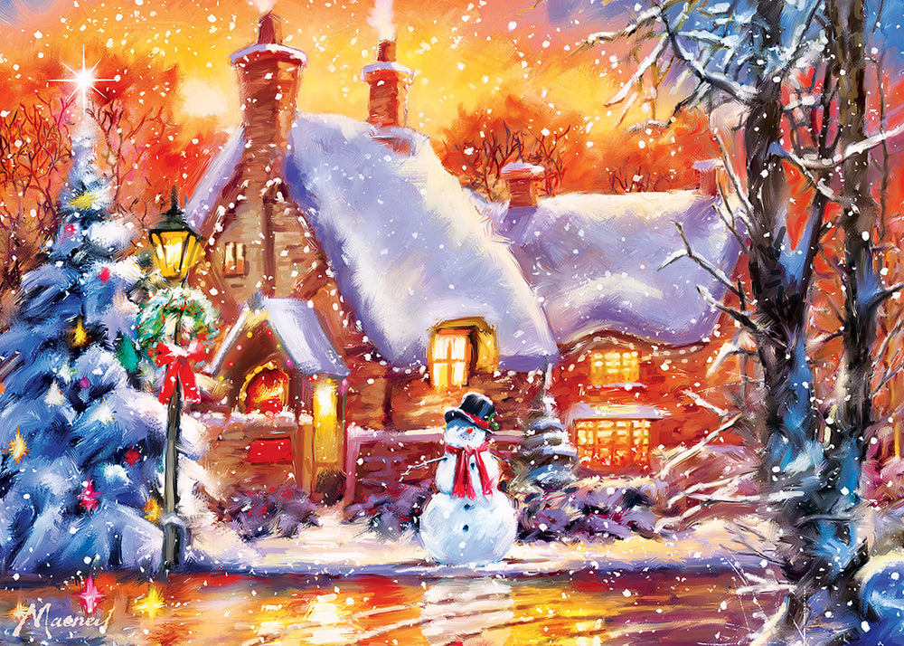 Puzzle Masterpieces:  500 Piece Glitter Holiday - Snowman Cottage