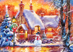 Puzzle Masterpieces:  500 Piece Glitter Holiday - Snowman Cottage