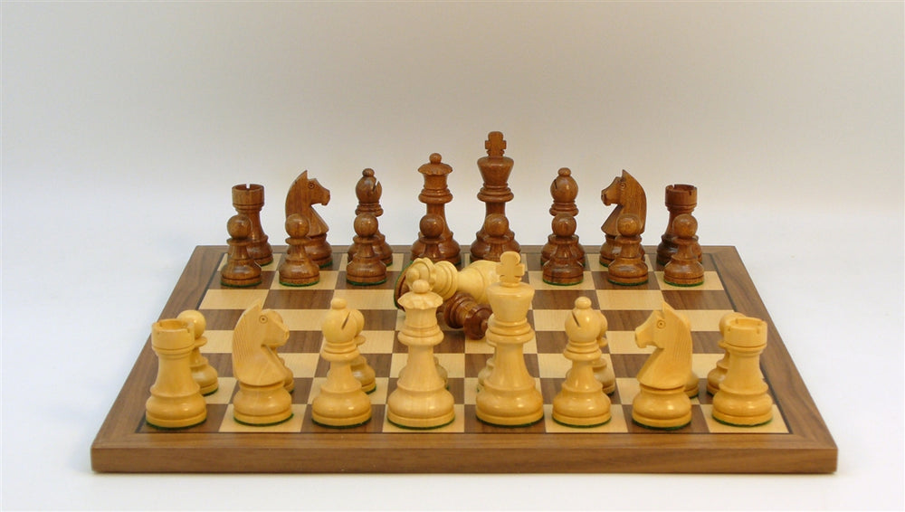 Chess Set 3.25in Sheesham/Boxwood German Chessmen with Double Queens on 17in Maple/Walnut Board