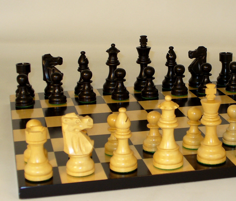 Chess Set 3.5" Black French Chessmen on Black/Maple Board