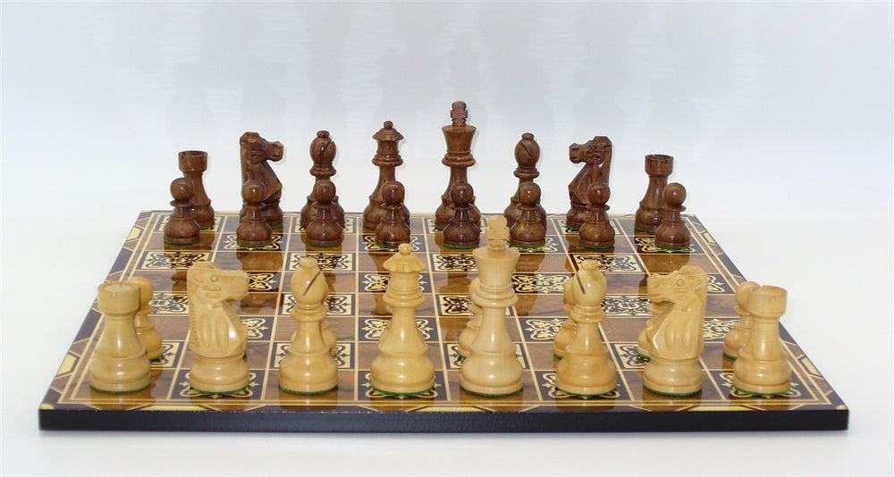 Chess Set French Sheesham/Natural Boxwood Chessmen on Marrakech Decoupage Chess board