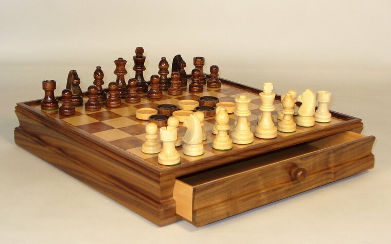 Chess Set 15in Wood Chest with 3in Chessmen and Checkers
