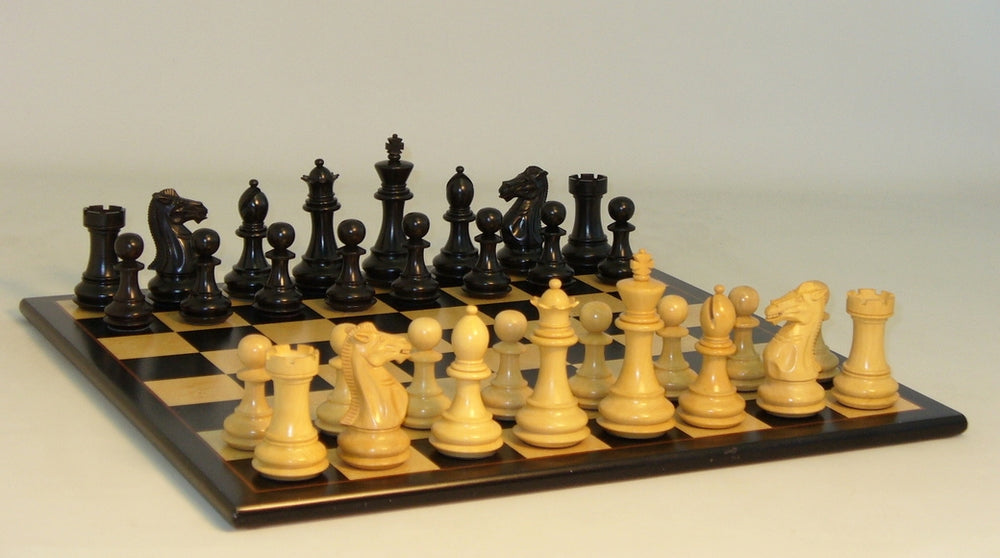 Chess Set 4" Exclusive Black and Natural Pieces on 17.25" board. Double Queens/Triple-weighted.