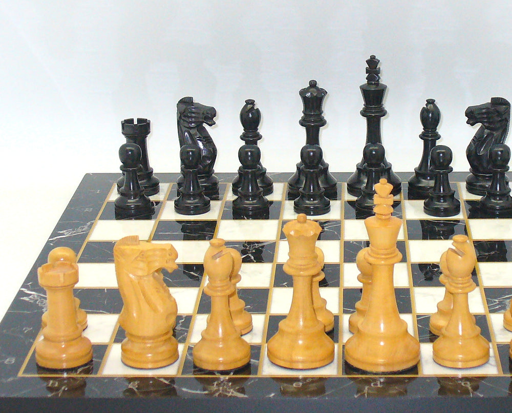 Chess Set 4.25" Black American Staunton Chessmen on Decoupage Chess Board