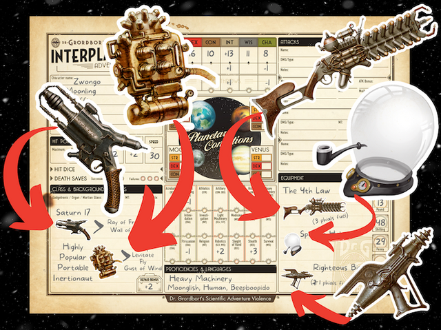 Dr. Grordbort's Scientific Adventure Violence RPG: Equipment Stickers for Character Sheets