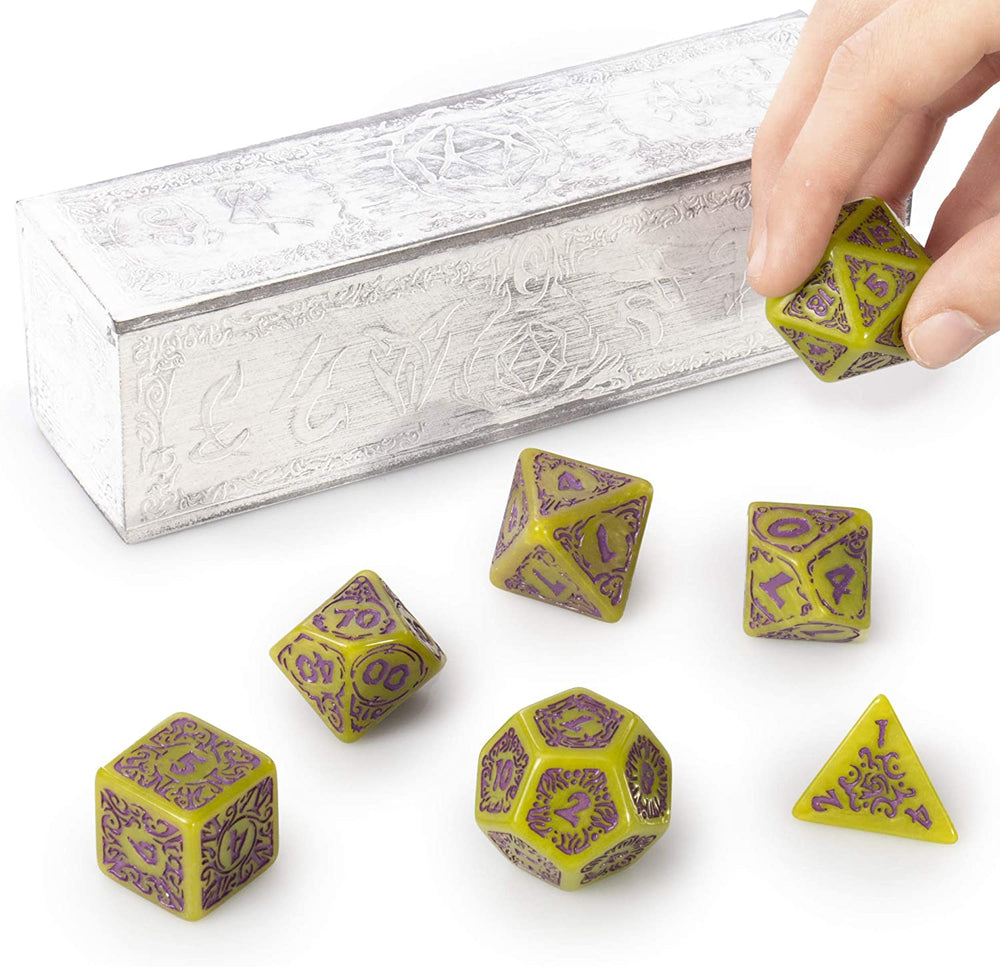 Dice Wiz: Poly 7 Set Achlys - 25mm Green w/Amethyst in Wooden Box