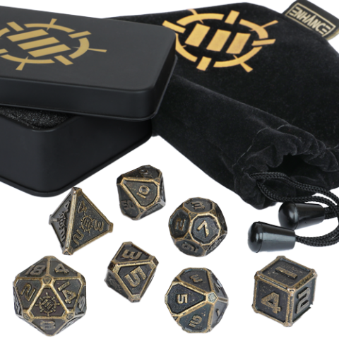 Dice Enhance: Poly 7 Set Metal Dice Set with Case and Dice Bag