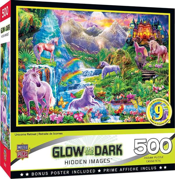 Puzzle Masterpieces:  500 Piece Hidden Images Glow In The Dark - Unicorns Retreat