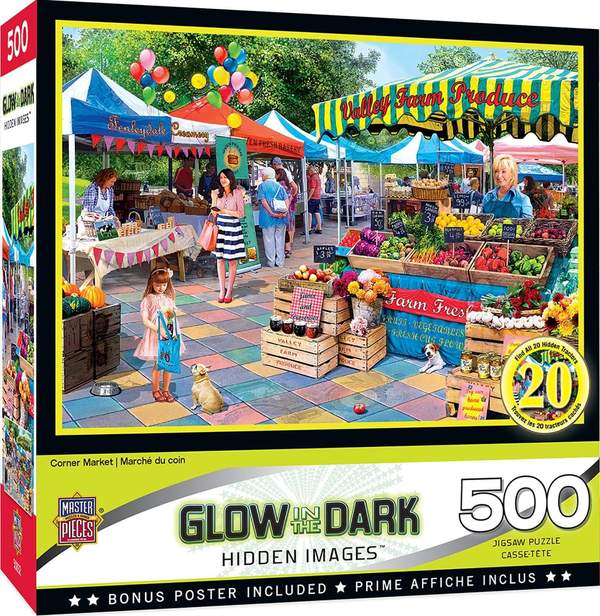 Puzzle Masterpieces:  500 Piece EZ-Grip Corner Market Glow-in-the-Dark