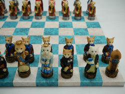 Chess Set Worldwise: Figurine - Cats & Dogs on Turquoise & Cream Leatherette Board